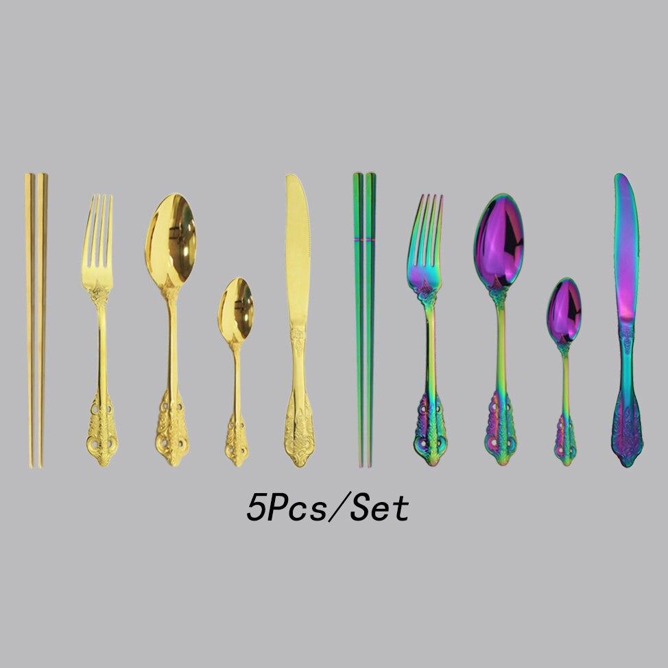 5Pcs Palace Style Dinnerware Stainless Steel Kitchen Portable Cutlery Set of Tableware Spoon Forks Knives Chopstick Silverware