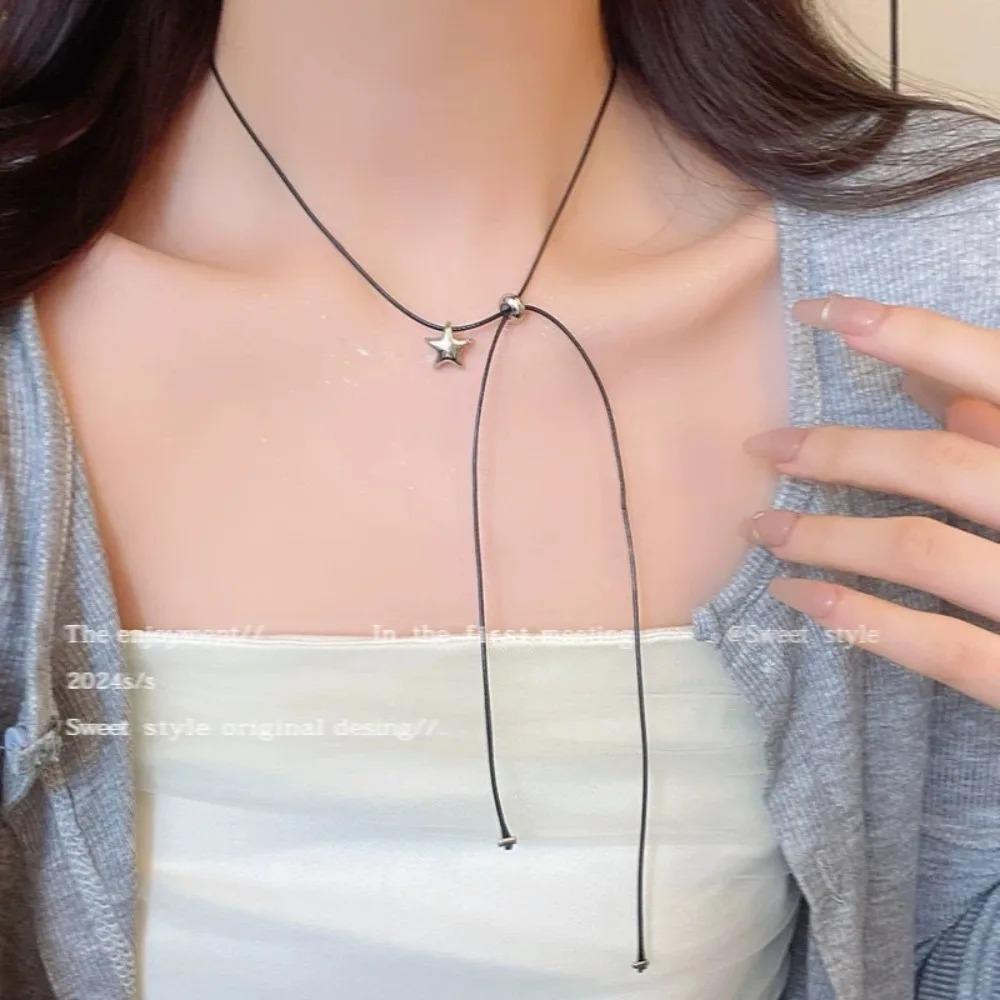 Y2K Star Minimalist Black Rope Unique Necklace Small Five Pointed Star Pendant Adjustable Necklace Collarbone Chain for Women