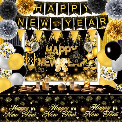 Happy New Year Party Supplies Holiday Arrangement Props New Year Party Tableware Paper Plate Tissue Tablecloth Decoration