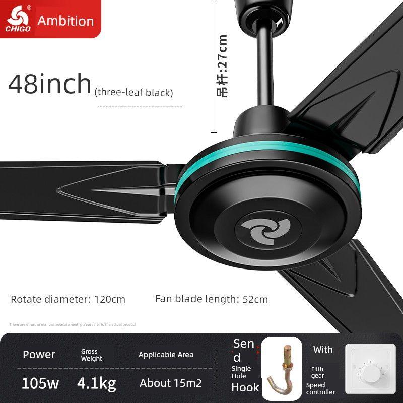 

Chigo 5-Blade Ceiling Fan Wind 56-Inch For Home Living Room Iron Leaf Restaurant Dormitory Industrial Hanging Noiseless Electric Fan 48inch Black [Five Gears] 105W/High Wind Power