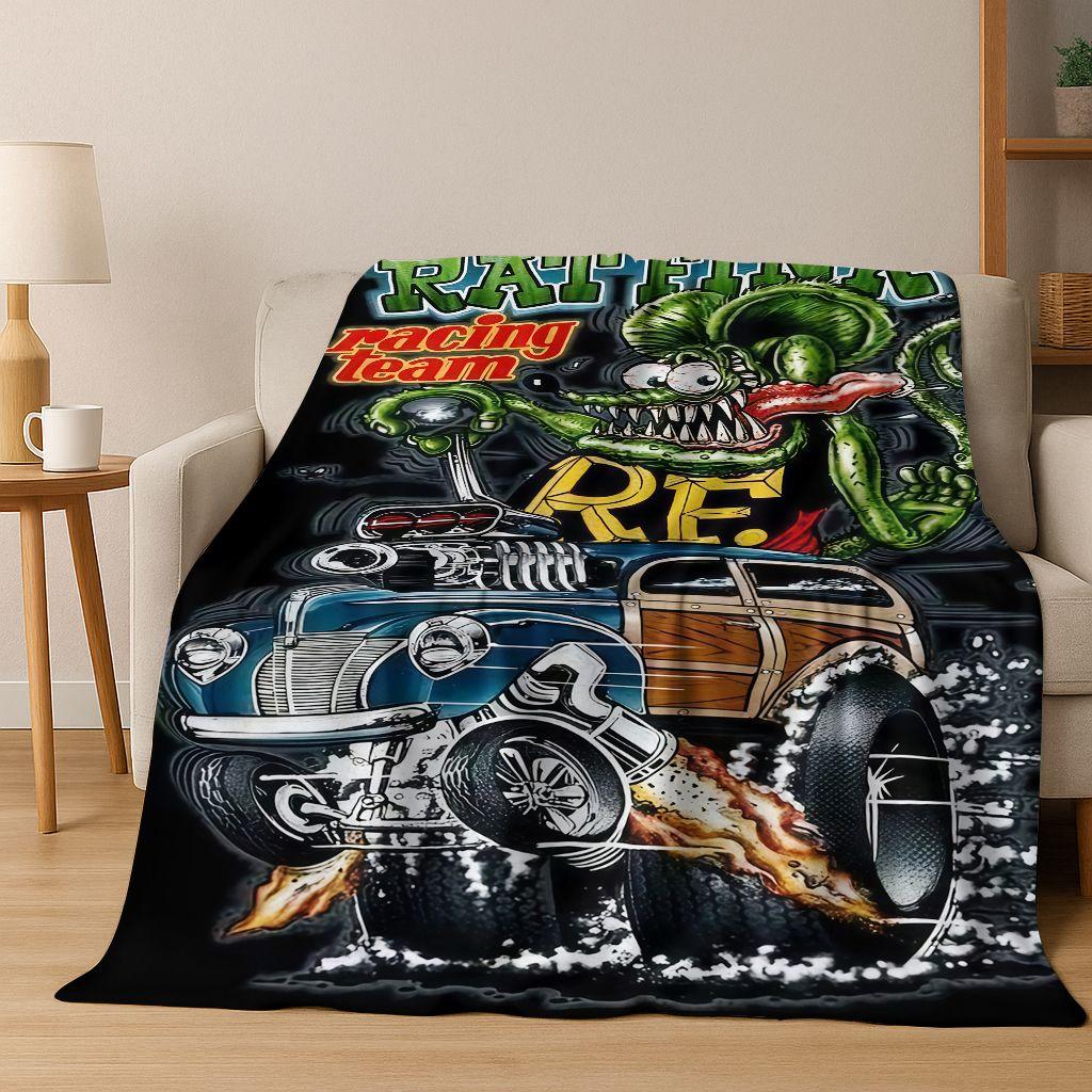 3D Buntowniczy RAT FINK Samochody Znak Kreskówkowy Koc Flanelowy, Ciepły i Przytulny Miękki Koc Rzutowy do Domu Sypialni Łóżka Sofy Pokrycie Piknikowe