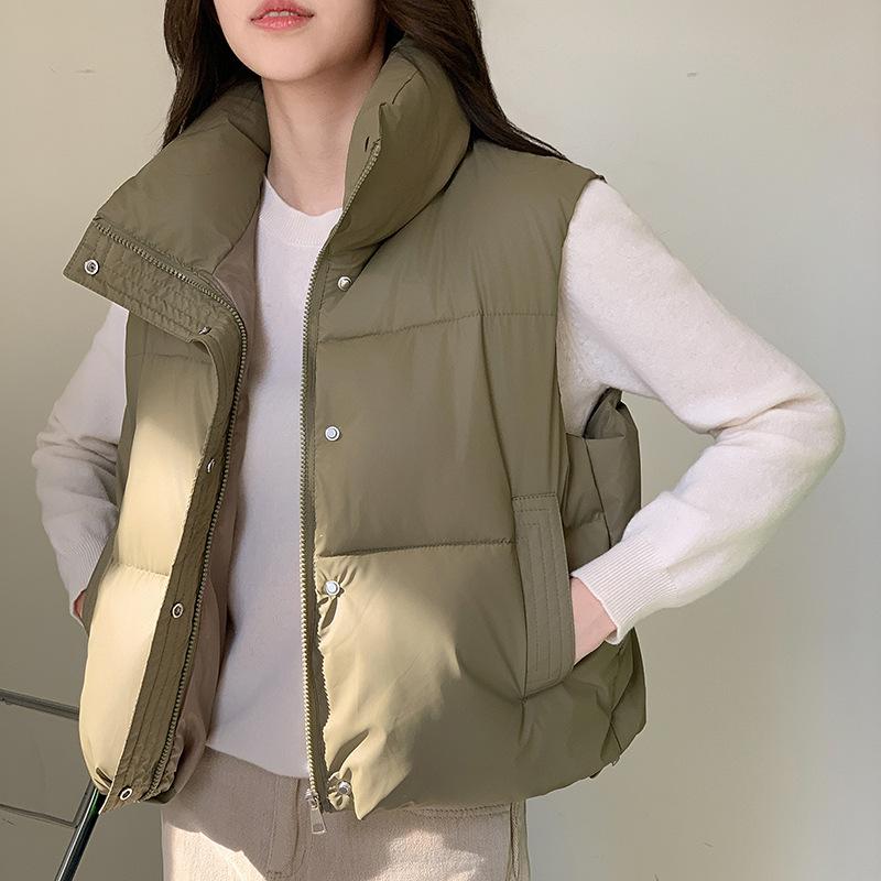 Autumn Winter Solid Color Zip-up Stand Collar Short Down Cotton Vest Slim Fit Outer Wear Student Vest Jacket