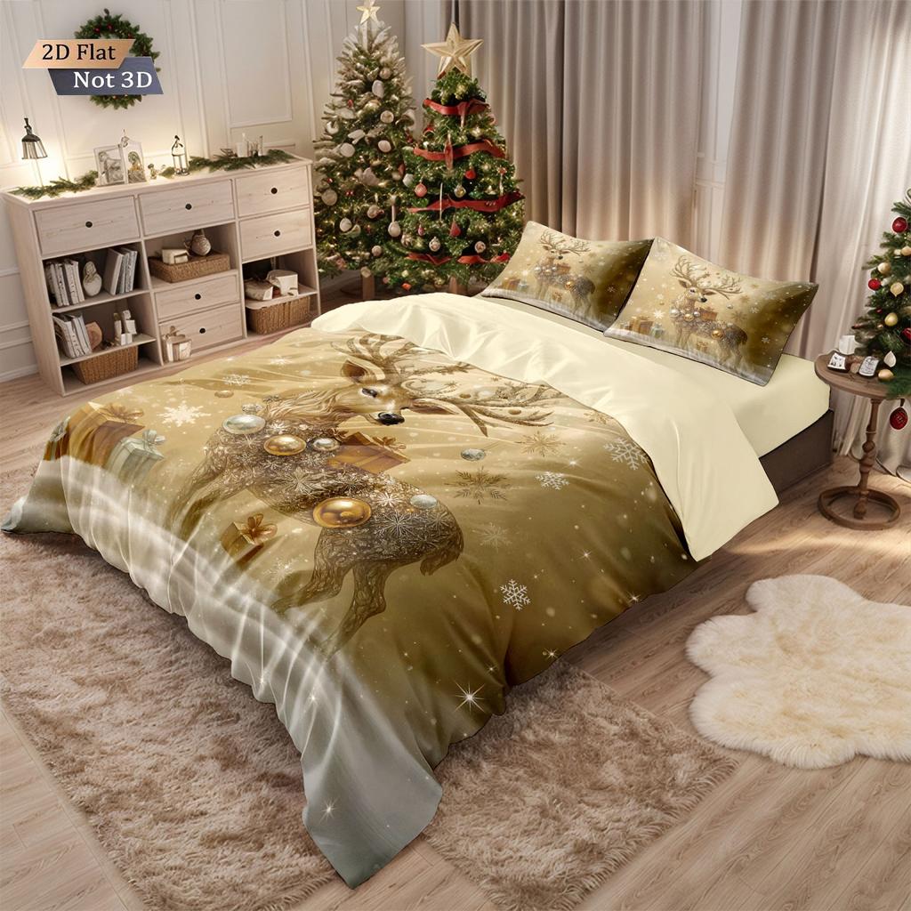 3pcs Christmas Gold Deer Print Coreless Duvet Set Multi Size Bedroom Bedding Holiday Decoration Soft Machine Washable