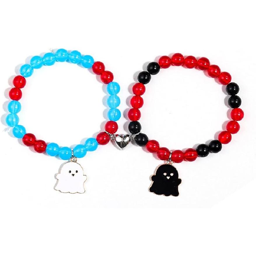 

2Pcs Love Heart Couple Matching Bracelet Set Adjustable Braide Rope Halloween Mummy Ghost Pumpkin Hat Wizard Bracelet for Women Men Lover Friend W bead-3