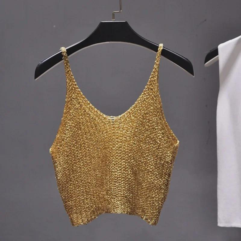 Spring/Summer 2022 Glitter Knit Crop Sweater - Sexy Hollow Design with Spaghetti Straps