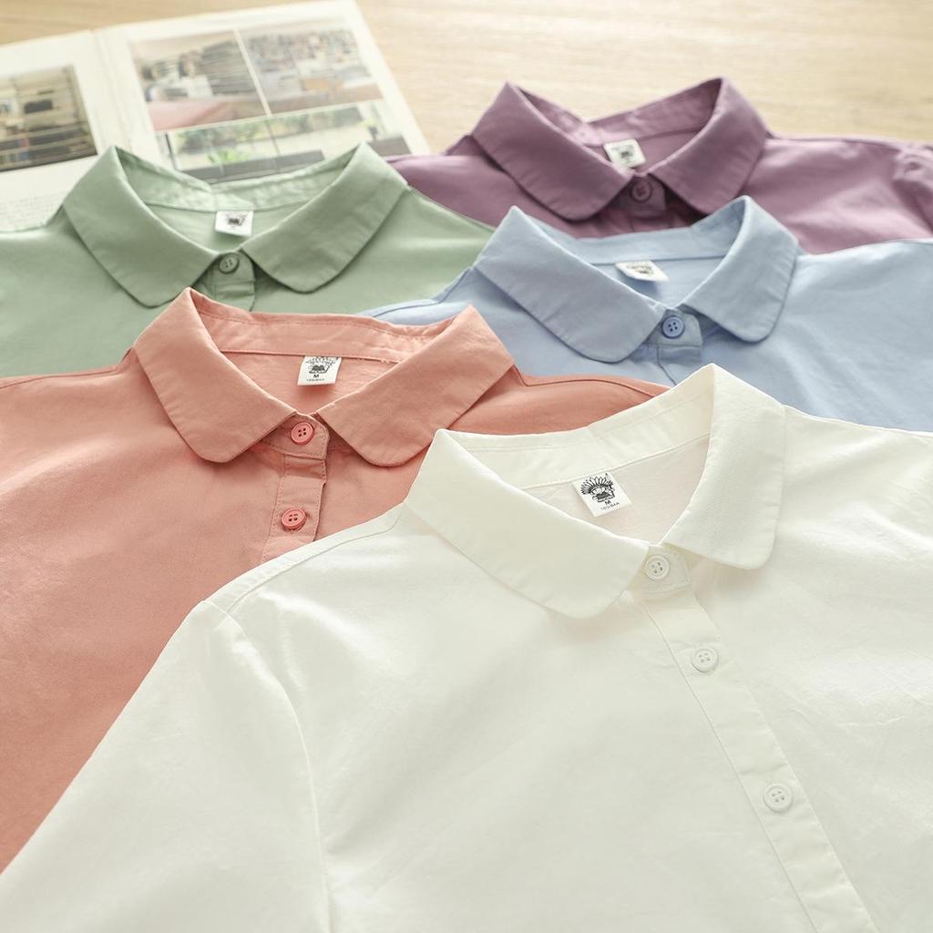 Spring Autumn Pure Cotton Women's Doll Collar Long Sleeve Shirt