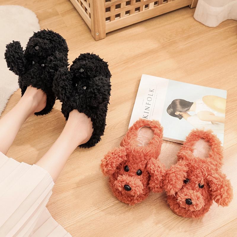 Comwarm Cute Dog Short Plush Slippers For Women 2026 Winter Warm Furry Cotton Shoes Couples Home Indoor Bedroom Cozy Slippers