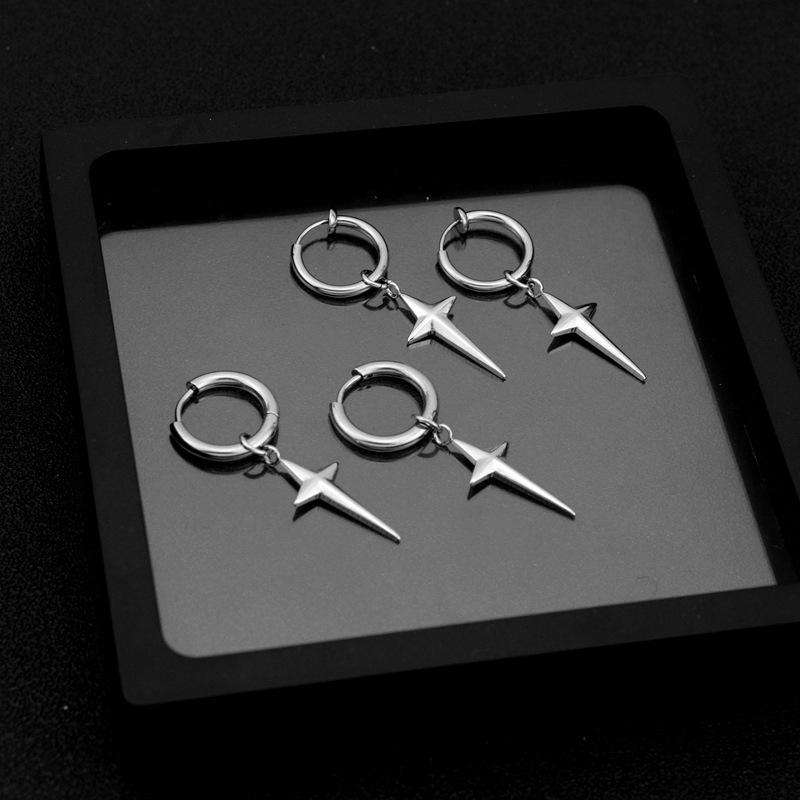 Men's Stainless Steel Cross Star Earrings - Neutral, Hip-Hop Punk Style, Non-Pierced Clips