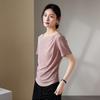 One collar vinegar fiber short sleeved T-shirt for women in 2026 summer, versatile and slimming, pleated waist cinching top
