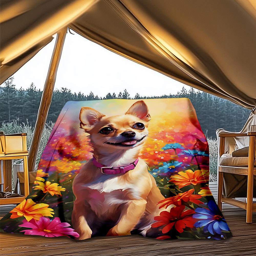 1pc Floral Garden Dog Outdoor Soft Polyester Flannel Throw Blanket Versatile for All Seasons , Soft , Cozy , Warm All Season Quilted Throw ,