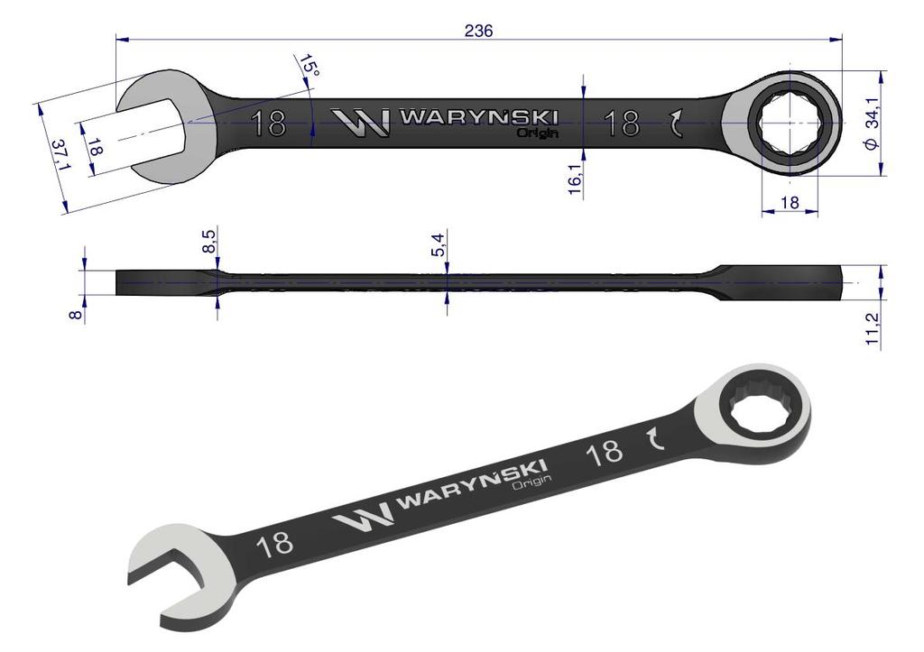 Klucz Płasko-Oczkowy 18 Mm Z Grzechotką 72 Zęby Standard Asme B107-2010 Waryński