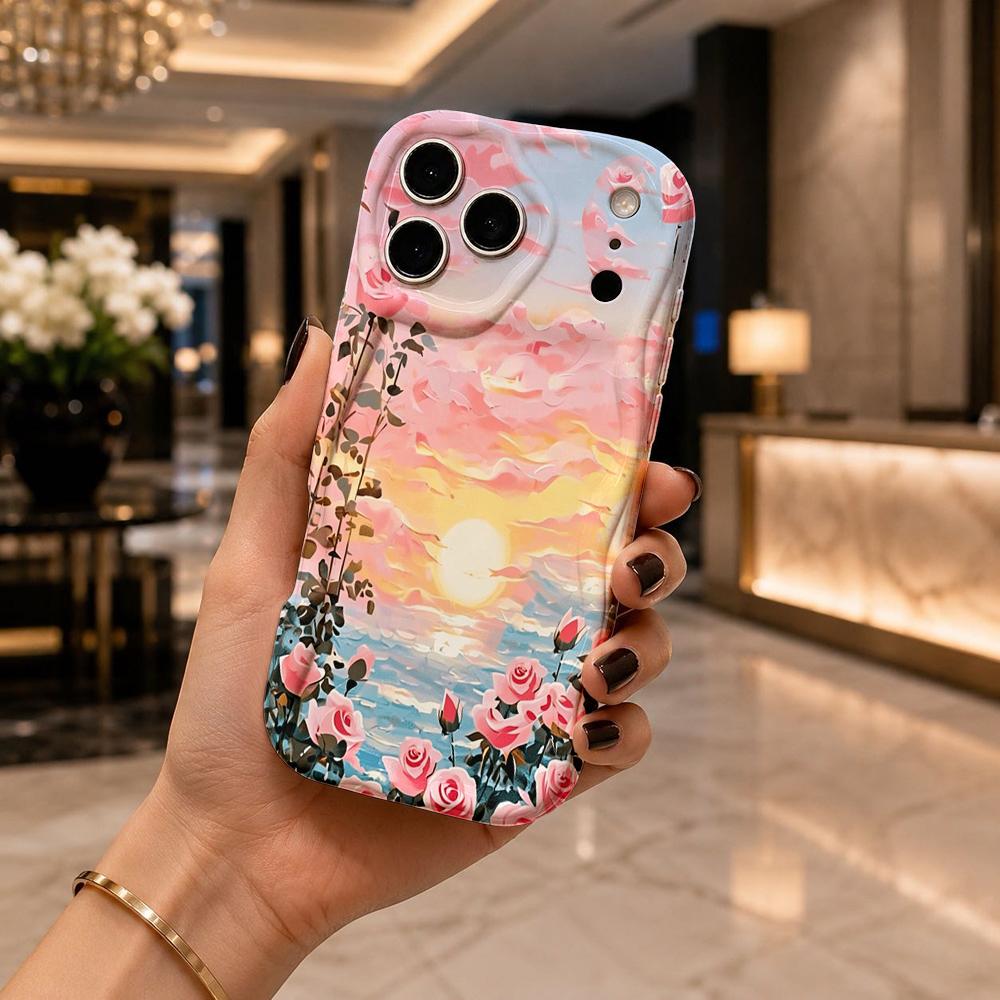 Watercolor Sunset Ocean Rose Wavy Edge Phone Case For iPhone 17 16 15 14 13 12 11 8 7 Plus Pro Max Scenic Soft Back Cover