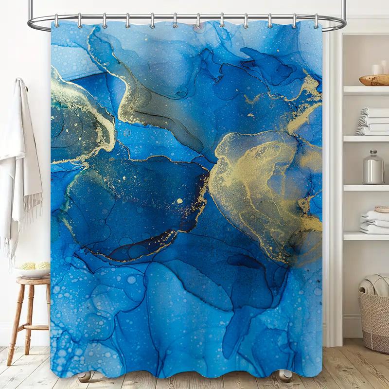 Luxury Marble Blue Gold Shower Curtain Waterproof Bathroom Decor Customizable Size Available