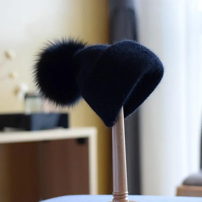 New Rabbit Fur Knitted Hats For Women Real Fox Fur Pom Poms Hat Large Pompom Outdoor Warm Skullies Beanie Winter Hat Christmas
