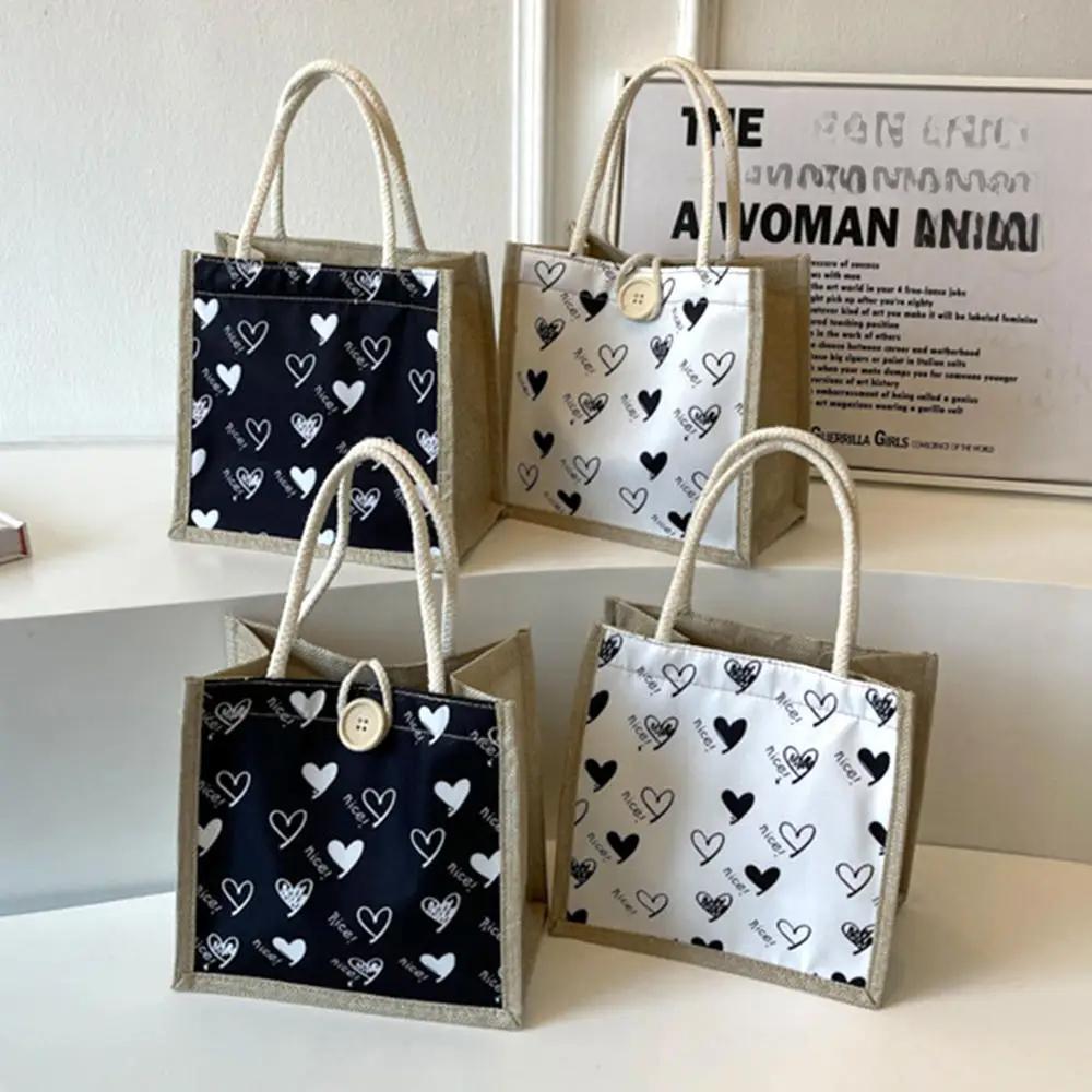 Bolsa de linho com zíper e botão Bolsa feminina Bolsa de compras de grande capacidade Bolsa de presente Organizador de praia Bolsa de compras portátil para almoço