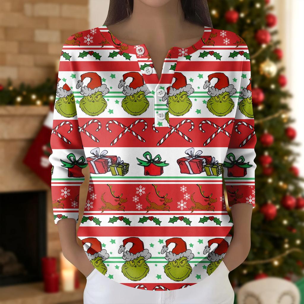 Damemote langermet juletopp med snøfnuggtrykk Elegant avslappet topp