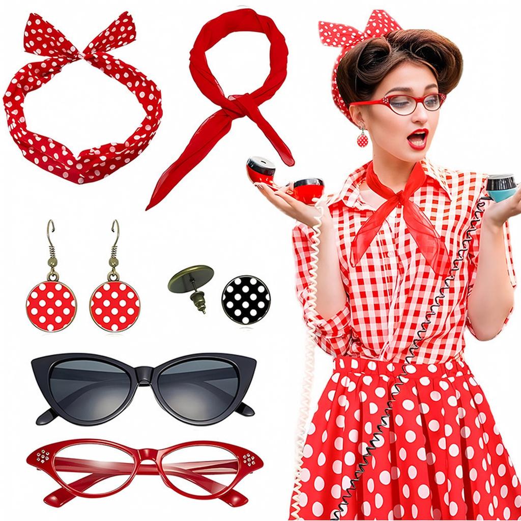 Retro 1950s Party Accessory Set with Eye Glasses, Polka Dot Headband and Earrings