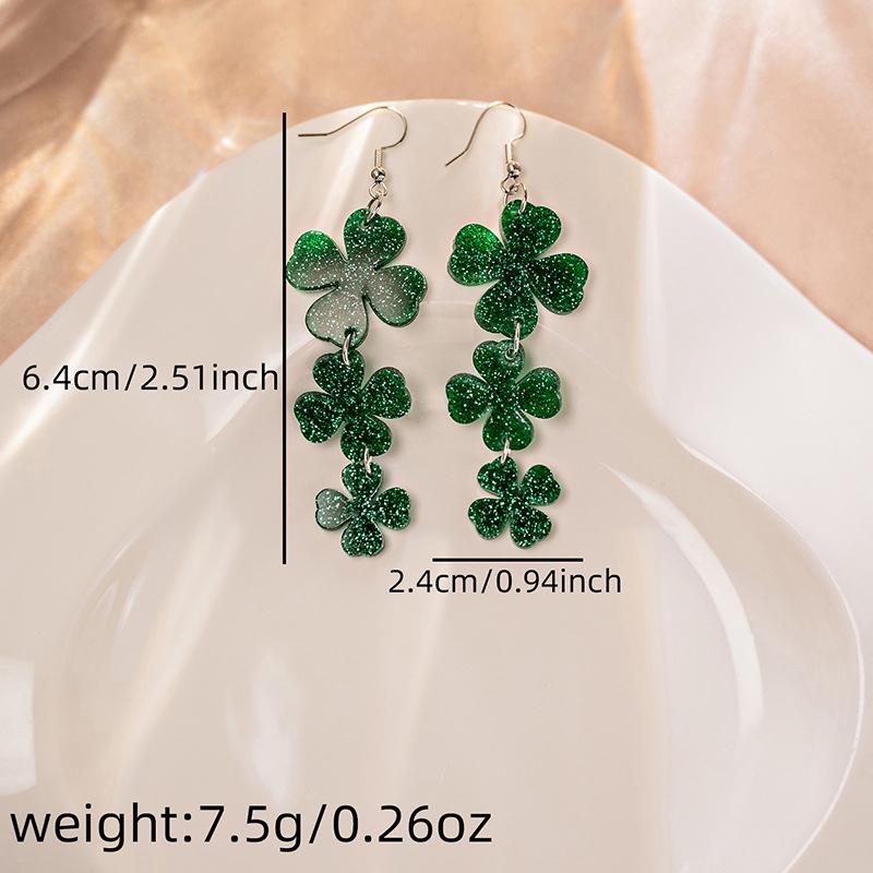 Glitter Lucky Green Shamrock Dangle Earring For Women Girls Irish Style St Patricks Day Earrings Lucky Acrylic Green Drop Earing