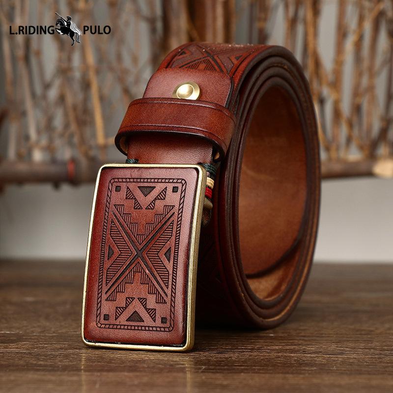 

Винтажный ремень ручной работы с лазерной гравировкой узора, пряжка-пластина, мужской, из натуральной кожи, чистая коровья кожа, ремень с гладкой пряжкой 130cm коричневый