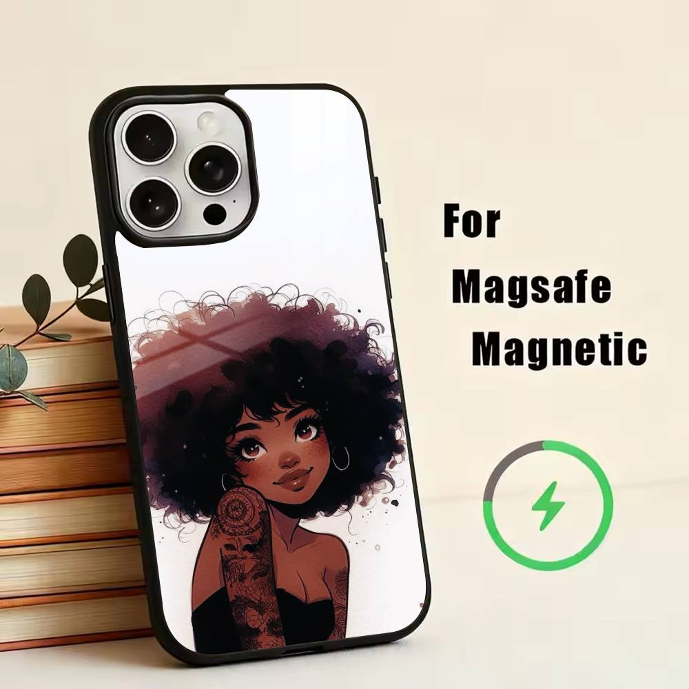 Cartoon Black Girl A-Afro Phone Case For iPhone17,16,15,14,13,12,11 Plus,Pro Magnetic with Magsafe Wireless Charging