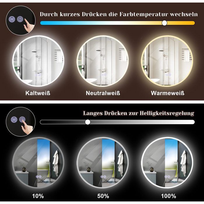 Miroir de salle de bain - NETTLIFE - Miroir mural LED rond 60 cm - Éclairage LED intégré - IP44 - Tactile dimmable