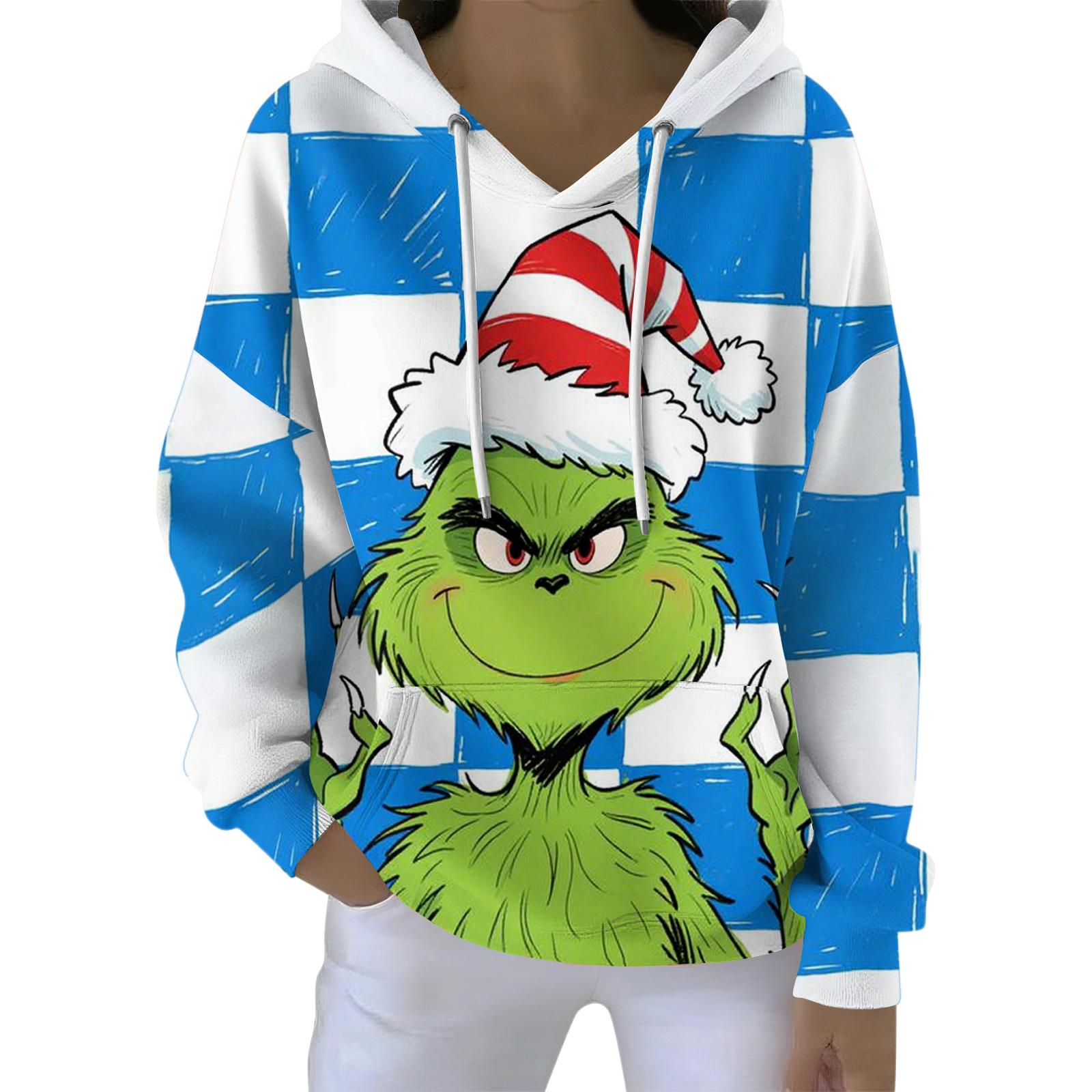 

Женский свободный и удобный свитшот с V-образным вырезом на кулиске, с длинными рукавами и рождественским принтом L синий