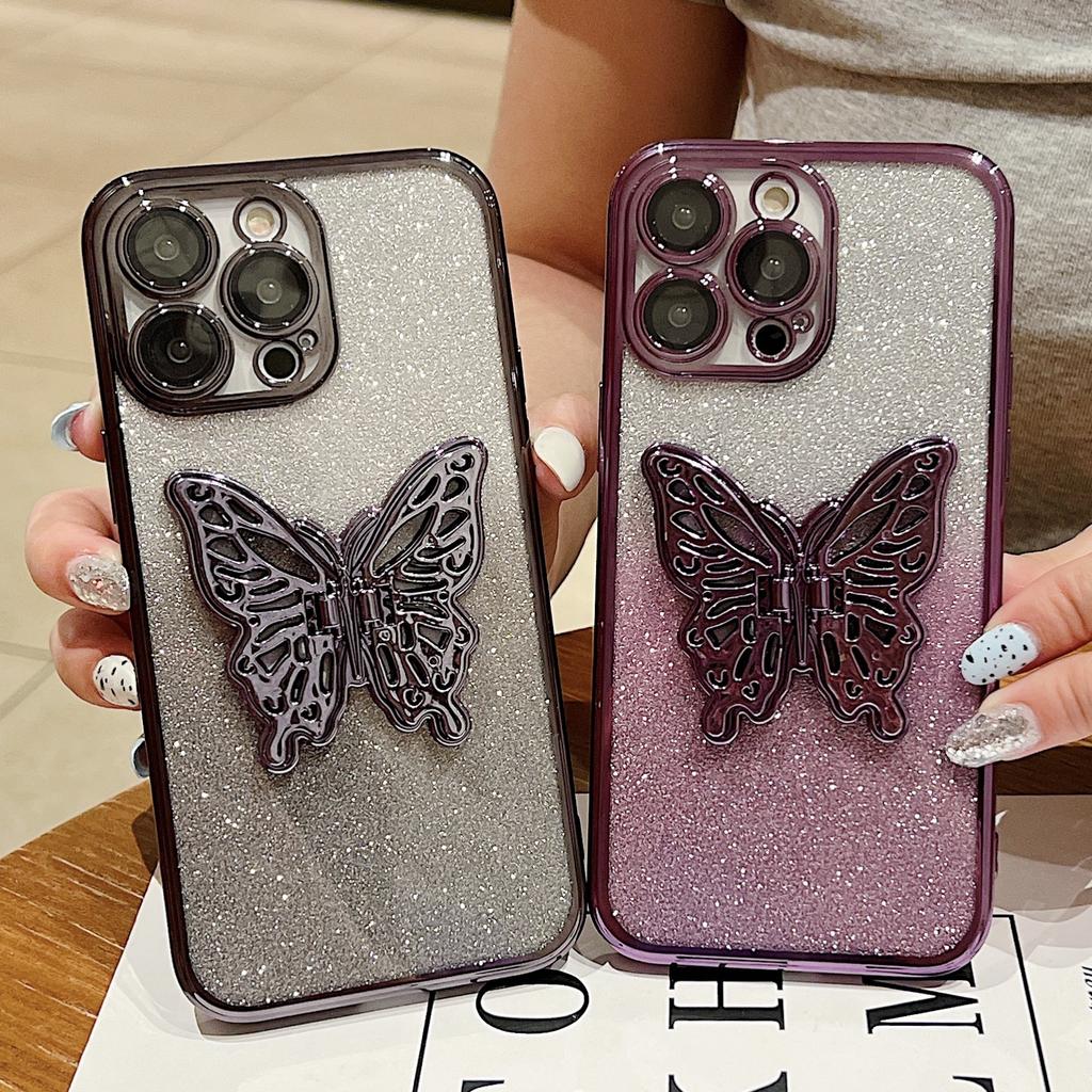 Butterfly Stand Is Suitable for IPhone16, 15promax, with Gradient Glitter, Lens Film, 14 Electroplating and Anti-drop