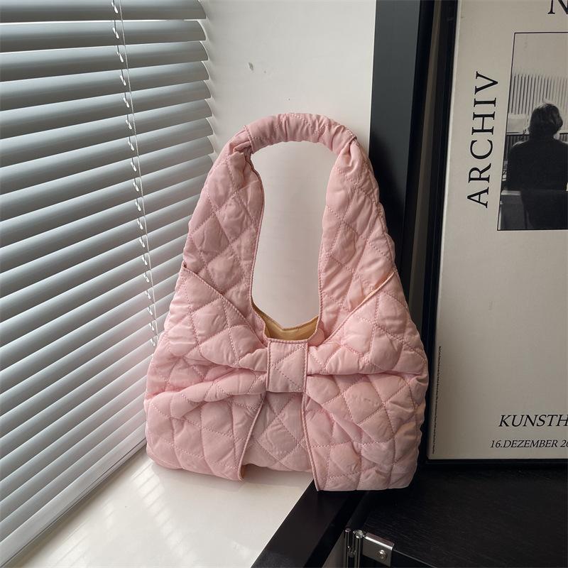 Simple Quilted Design Women's Shoulder Bags Bow Solid Color Ladies Underarm Vest Bag Large Capacity Female Casual Tote Handbags