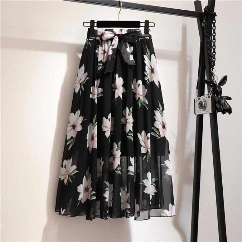 Spring and Summer New Bohemian Chiffon Skirt Mid-Length High Waist Fairy Floral Large Swing Skirt Beach Skirt