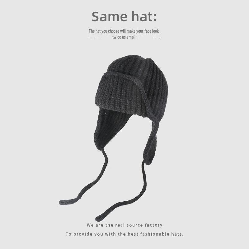 Korean Style Knitted Wool Earmuff Hat: Solid Color, Thickened for Autumn & Winter, with Strap, Unisex.