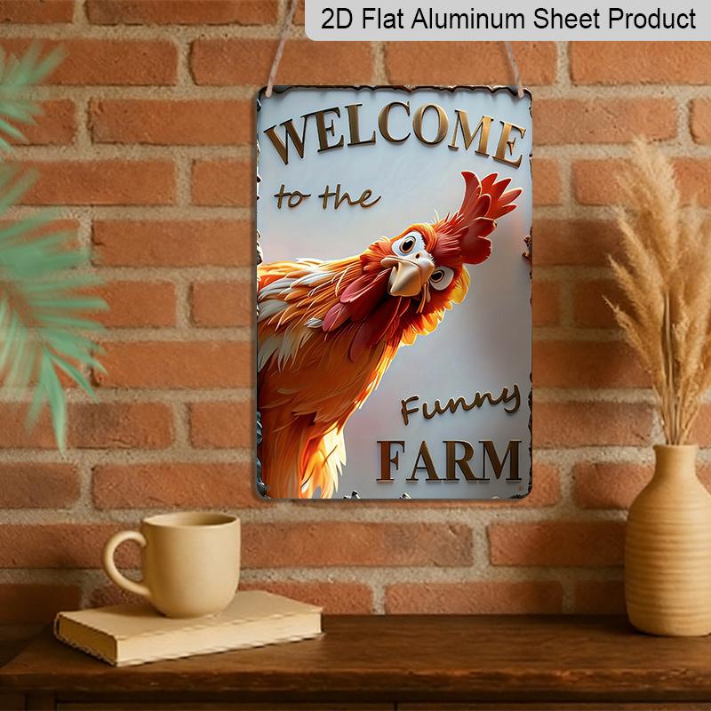 2D Flat - 1pc Holiday Plaque | Wall Mount Welcome To The Funny Farm Cheerful Vibrant Playful Cartoon Chicken Peeking Around Fence Aluminum Signs Wall