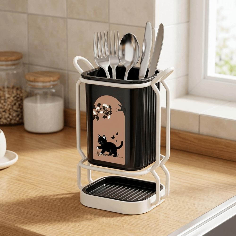 Cute Cat Pattern Kitchen Storage Rack Standing Cutlery Organizer Chopstick Holder Home Use