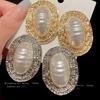 Silver needle pearl striped oval earrings French exaggerated court style stud earrings retro high-end temperament earrings