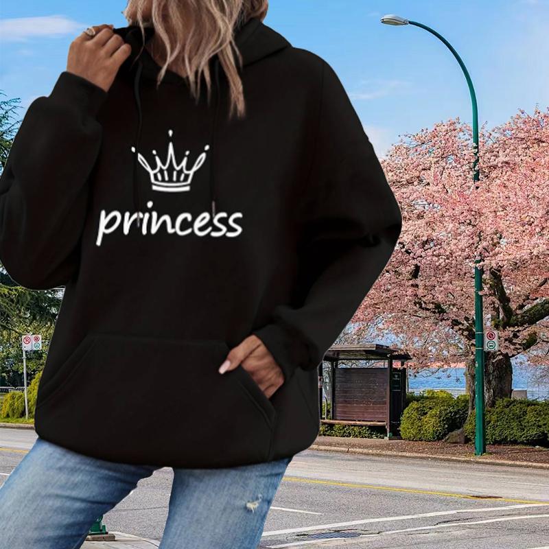 Женские свободные толстовки с капюшоном и принтом «Корона» с буквами, блузки, толстовки, повседневные свитера с длинным рукавом XS чёрный
