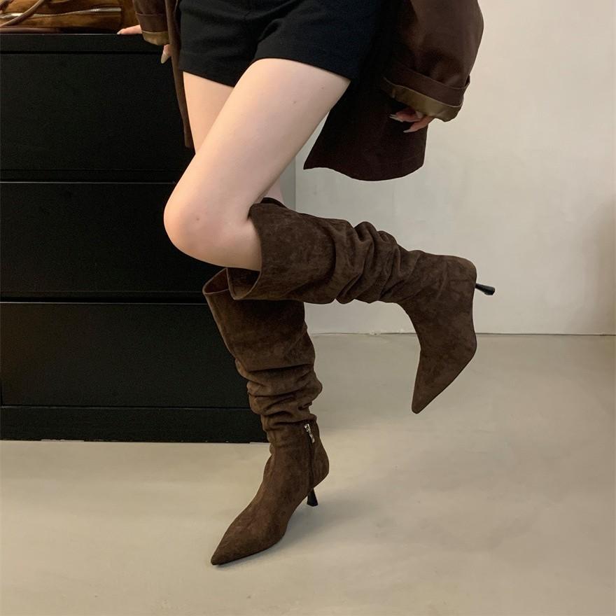 Pointed high-heeled over-the-knee boots women's 2025 new autumn French khaki fine-heeled pleated stacked boots knight boots