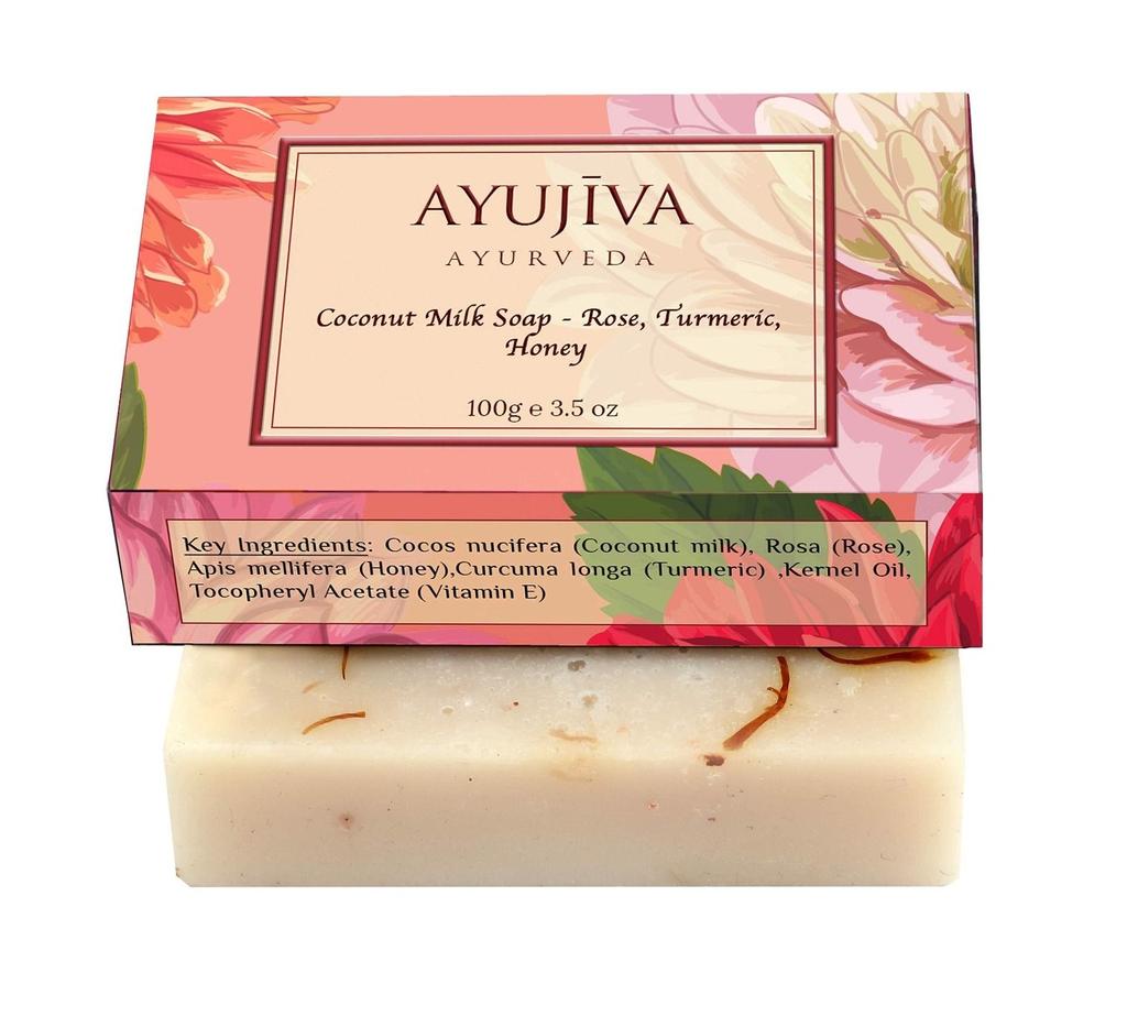 Soap with Coconut Milk, Rose, Turmeric and Honey (100 G), Luxury Classic Coconut Milk Soap with Rose, Turmeric, Honey, Ayujiva Ayurveda