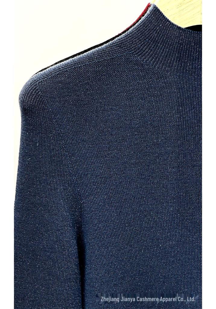 Machine Washable Metallic Thread Round Neck Sweater, Fine Spun Merino Wool, Half High Neck Base Layer