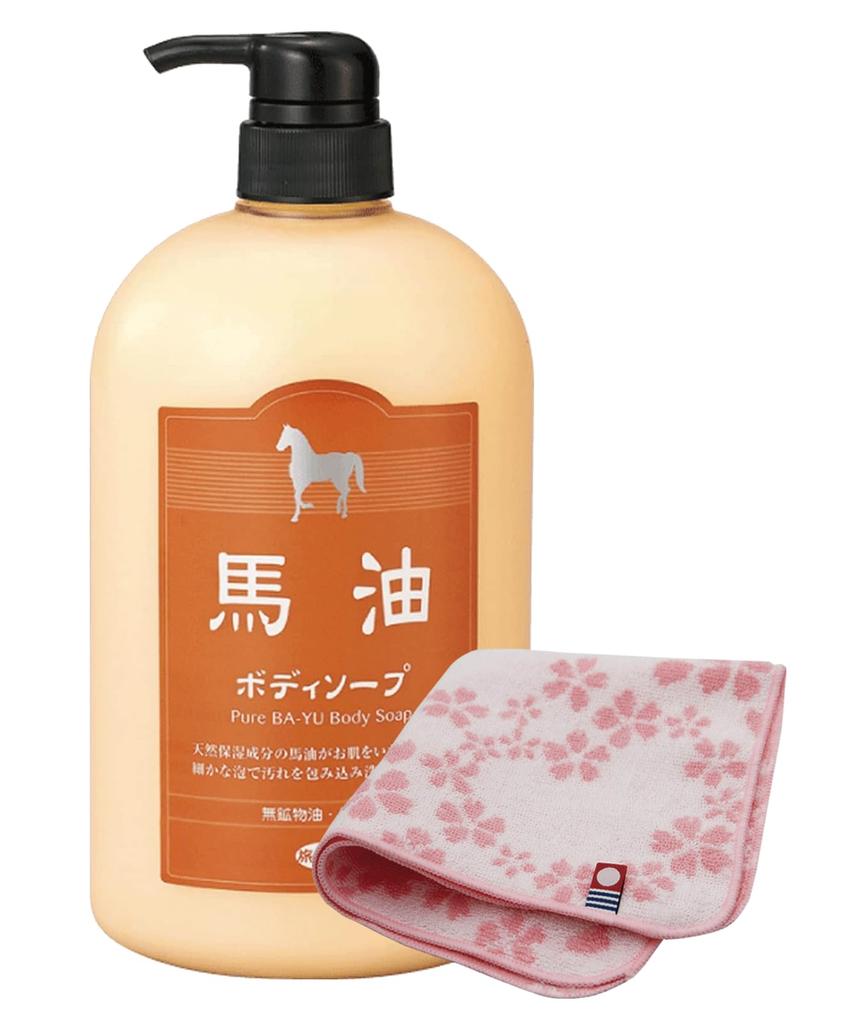 Azuma Shoji Horse Oil Body Soap, Travel Beauty, Mild Acidity, Hypoallergenic, 1000ml Bottle [Includes Imabari Towel Handkerchief] (Floral Pattern)