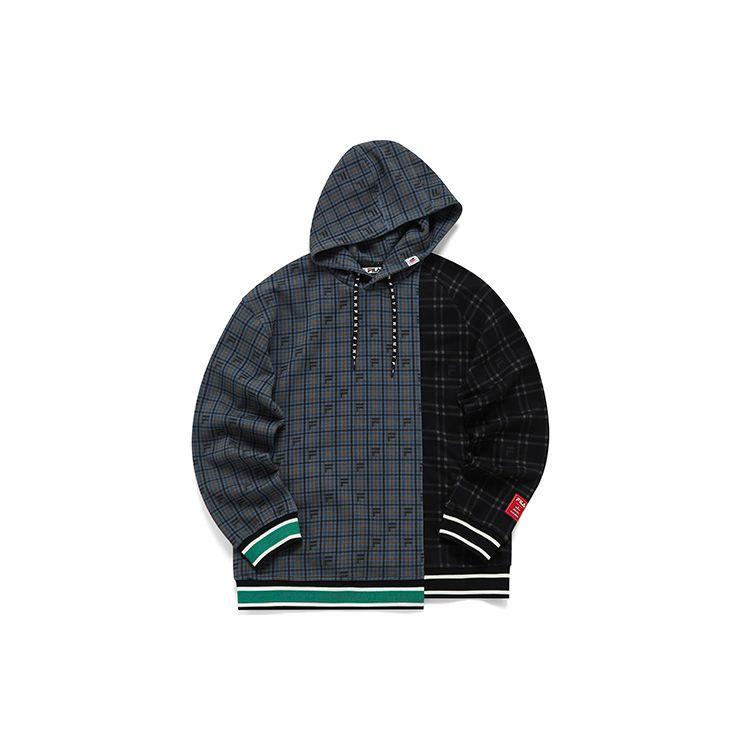 FILA Mihara Yasuhiro Collaboration Irregular Patchwork Plaid Print Hooded Sweatshirt Men sweatshirt Dark-Gray F11M213209F-GY