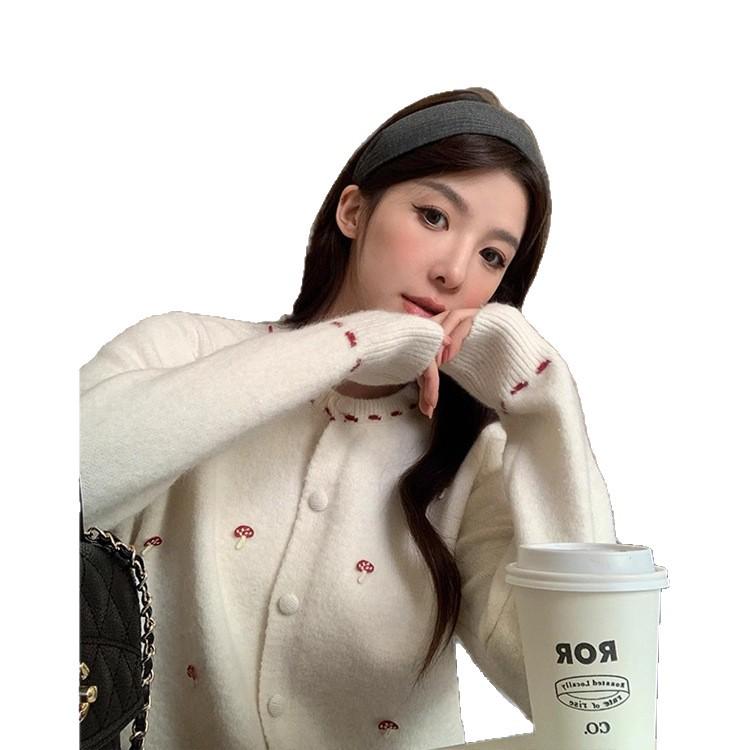 Korean Academy Style Round Neck Mushroom Stitch Knit Cardigan for Women - 2025 Spring/Autumn Loose Sweater Jacket