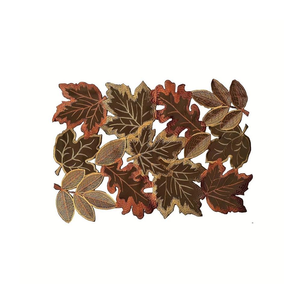 Rustic Style Maple Leaf Embroidered Table Runner Hollow Design Decorative Autumn Harvest Table Mat Brown Rectangular Table Liner