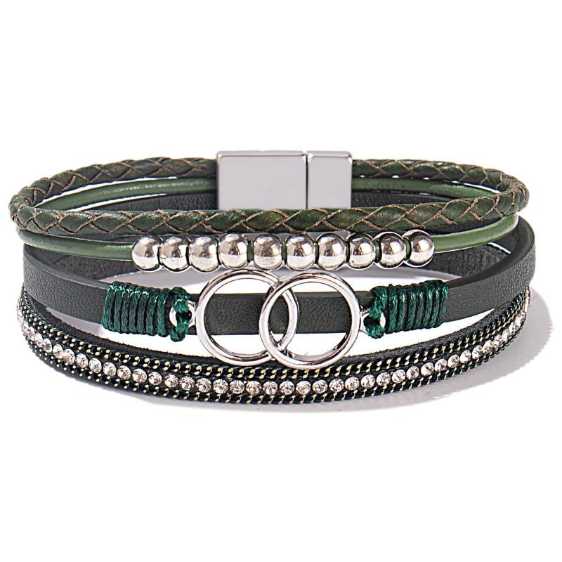 Leather Double Ring Magnetic Buckle Zircon Bracelets Handmade Weaving Men Women Fashion Versatile Bracelet