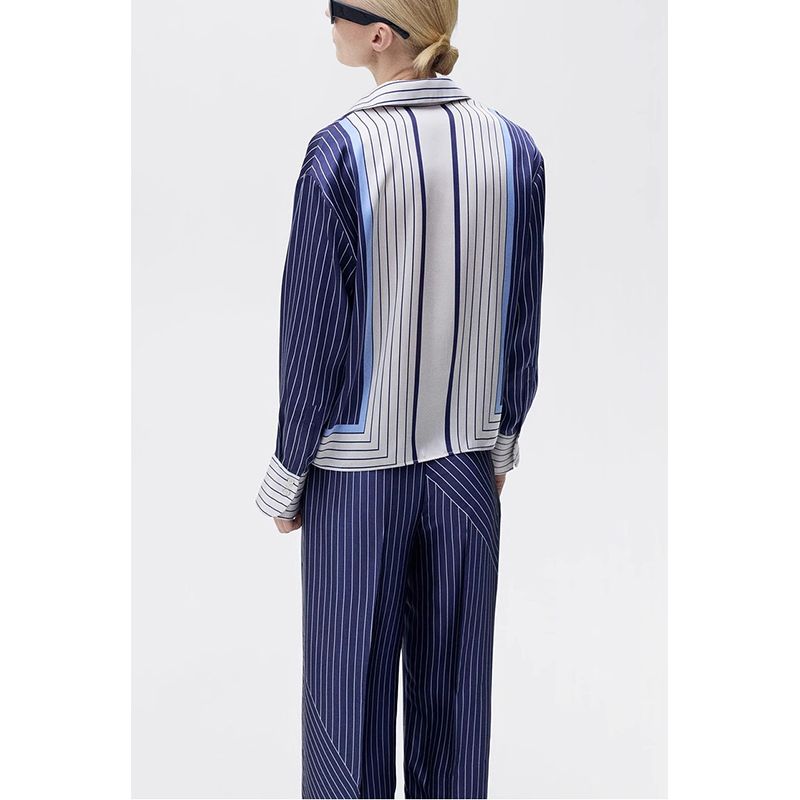 Stripes Print Satin Textured Straight-leg Shirt 87067193 Stripes Contrast Color Casual Pants 87087193