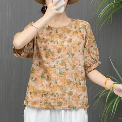 Women T-shirt Round Neck Short Sleeve Loose Fit Tee Shirt Retro Floral Print Summer Tops Versatile Comfortable Daily Wear