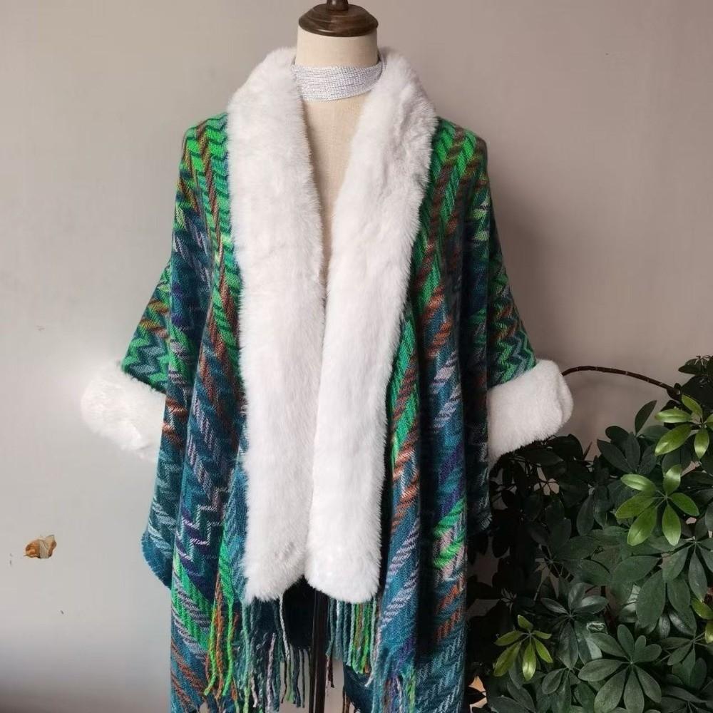 Winter Warm Faux Fur Collar Shawl Ethnic Style Striped Cardigan Tassel Shawl Artificial Wool Plush Knitting Wraps