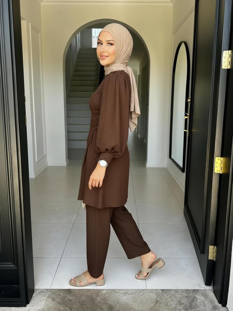 Women's Solid Color Two-Piece Set: Fashionable Top & Pants for Middle Eastern Style