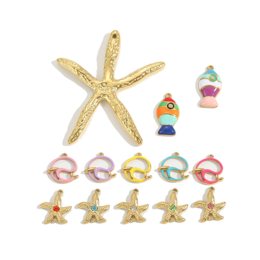CARLIDANA New Design Non Tarnish Beach Charm Stainless Steel Dolphin Gold Color Starfish Fish Oil Drop Charms for Jewelry Making