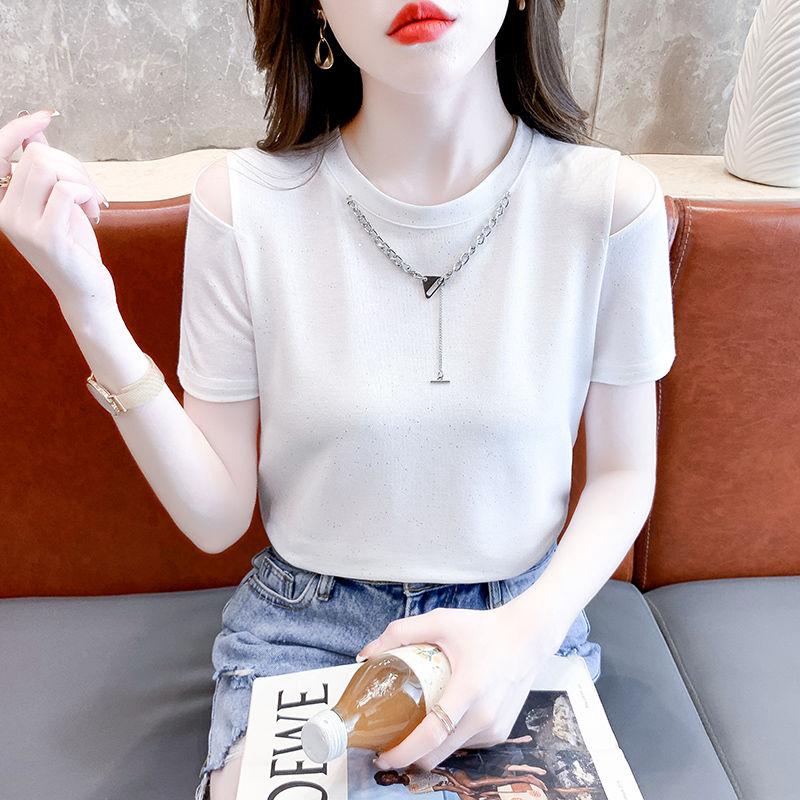 

Модная уникальная футболка с открытыми плечами и короткими рукавами, женская летняя новинка, однотонная, с круглым вырезом, свободная, пэчворк, простая корейская тонкая футболка 2024 S белый