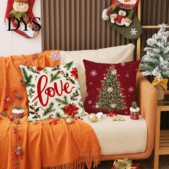Cozy Red Holiday Accent Pillows Christmas Throw Pillow Covers, Poinsettia Reindeer Pine Branch Decorative for Bay Window Cushion Cases, Xmas