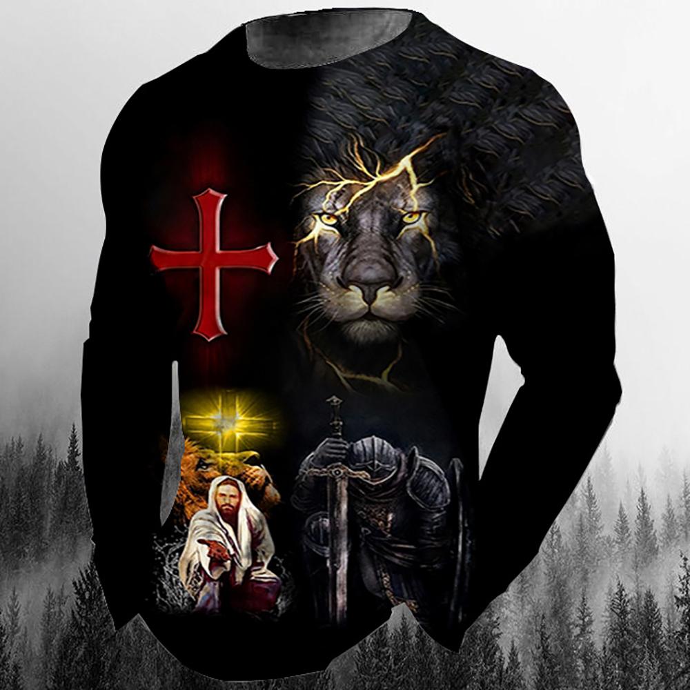 God Christ Jesus And Lion 3D Print Men's T-shirts Autumn O-Neck Long Sleeve Cotton Street Loose Tops Tees Oversized T Shirts 5XL
